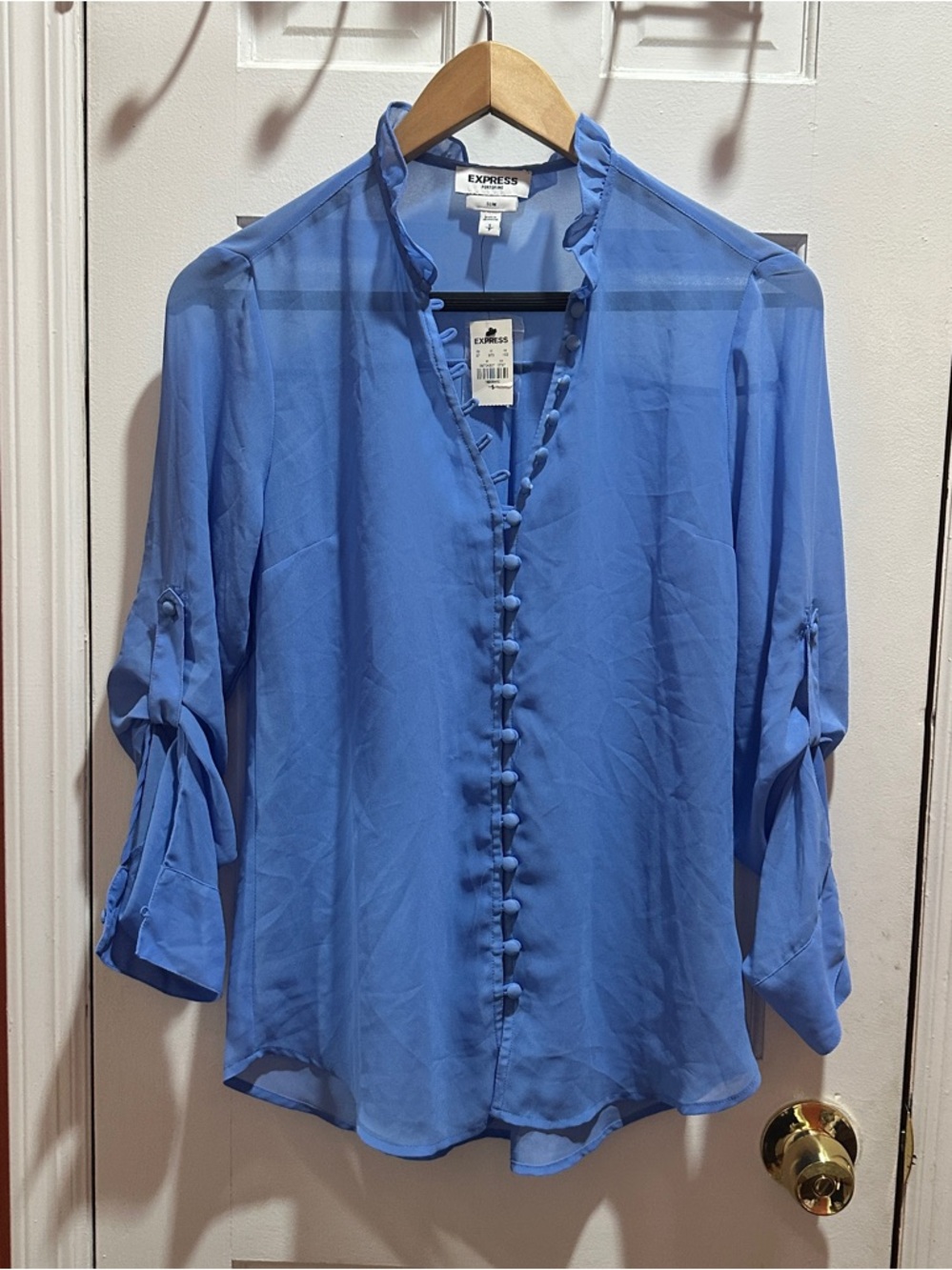 Express Blue Ruffle-Trim Button Blouse